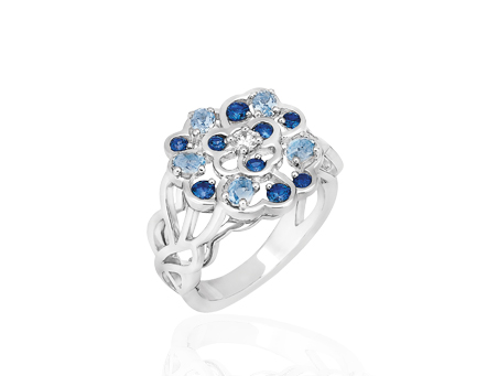 Bague Camélia or blanc  saphir bleu